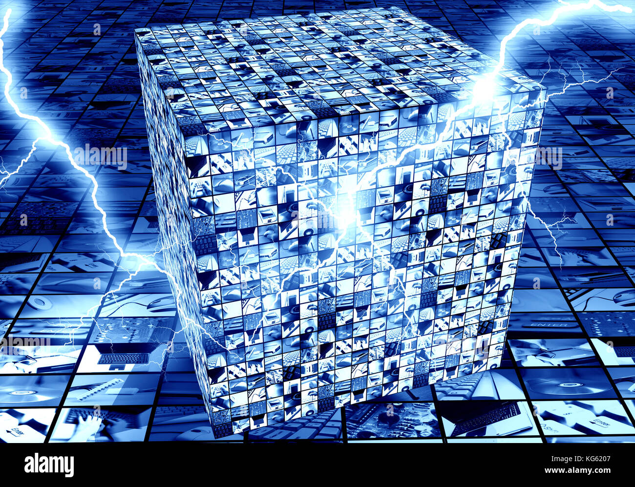 Technik Bildschirme auf einem Würfel Stockfoto