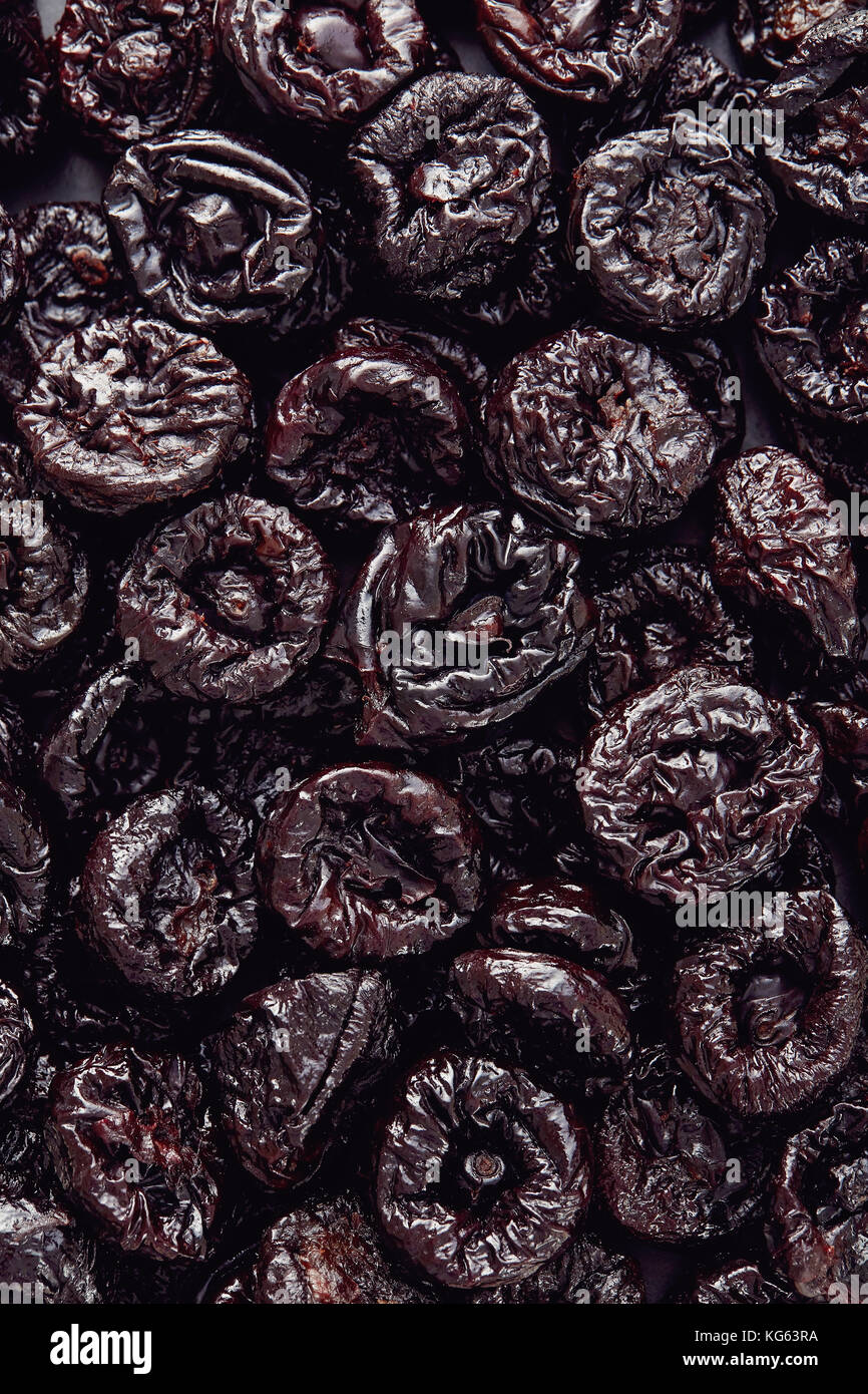Getrocknete Pflaumen oder Pflaumen Frucht Hintergrundstruktur Stockfoto