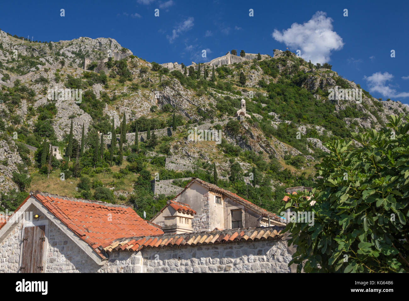 Bis auf die alten Stadtmauern von Kotor, Montenegro, die Besteigung des Berges auf die Festung des hl. Johannes Stockfoto
