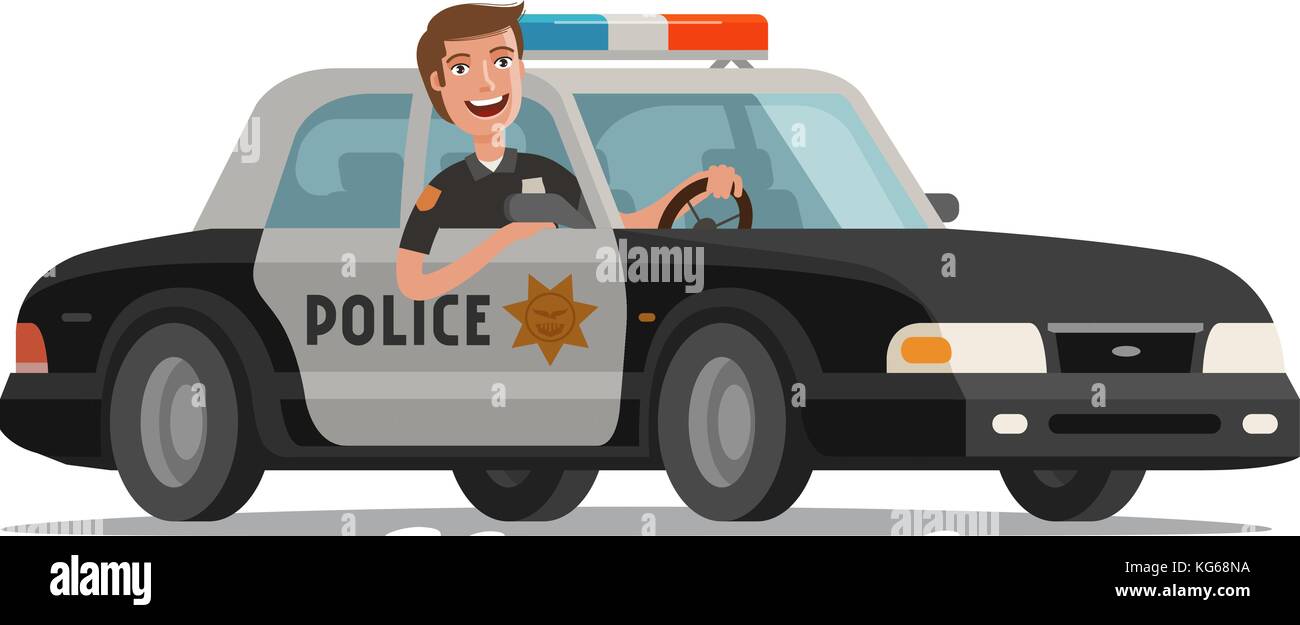 Glücklicher Polizist geht mit blinkenden Lichtern in den Polizeiwagen. Illustration des Zeichentrickvektors Stock Vektor