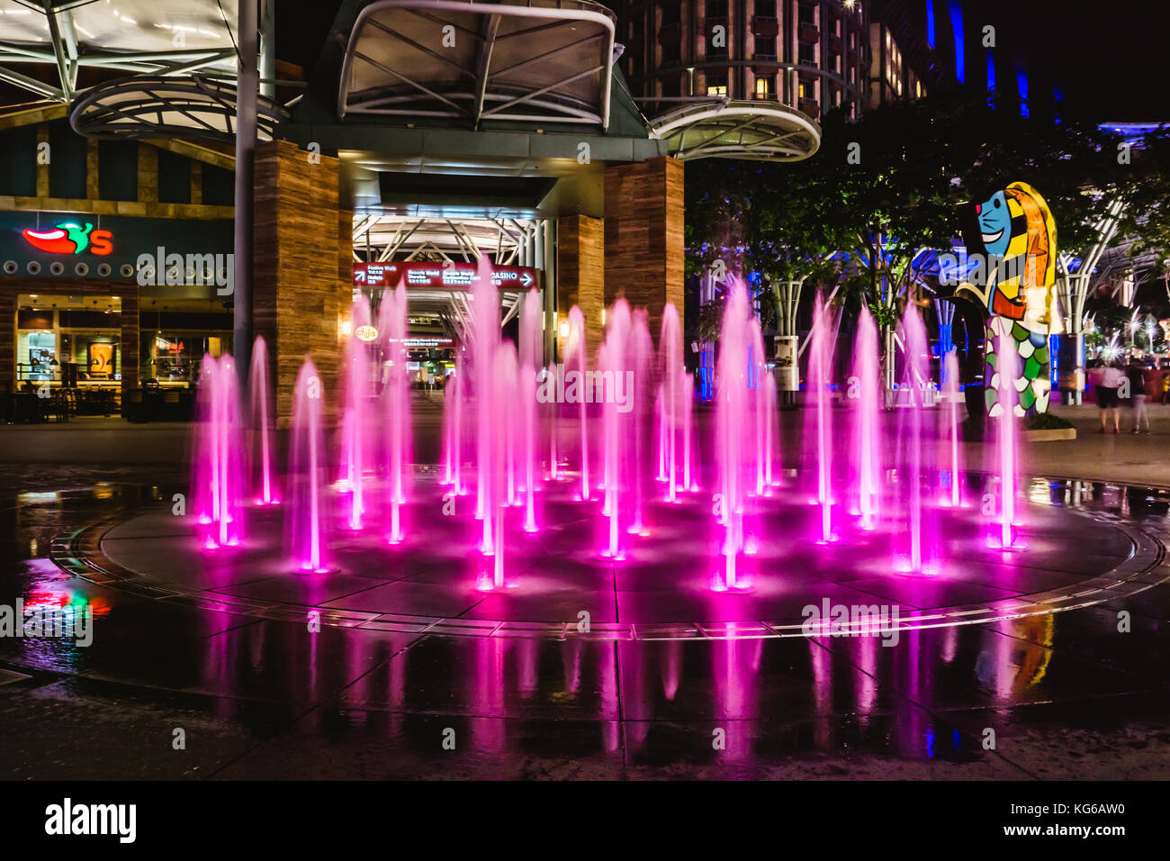 Bunte Brunnen auf dem Boden mit Wasser Reflexion in Resort World Sentosa bei Nacht. Stockfoto