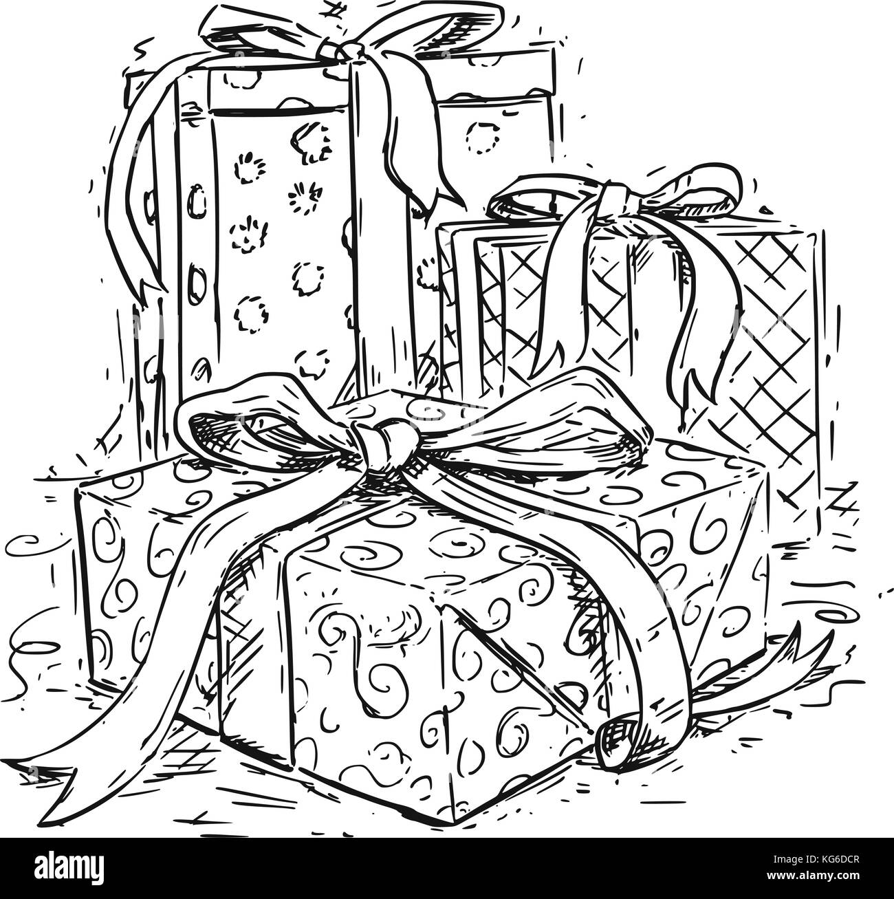 Vektor Zeichnung Abbildung: drei Weihnachten Geschenkboxen mit Band und dekorative wickeln. Stock Vektor