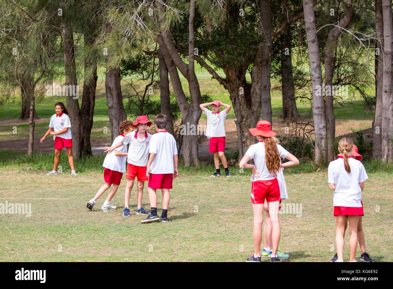 Australische Schulen Kinder, die Sport in Schuljungen und -Mädchen in Schulsportuniform spielen, Sydney, Australien Stockfoto