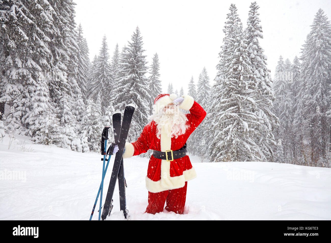 Santa claus Skifahrer mit Ski in den Wäldern im Winter zu Weihnachten  Stockfotografie - Alamy