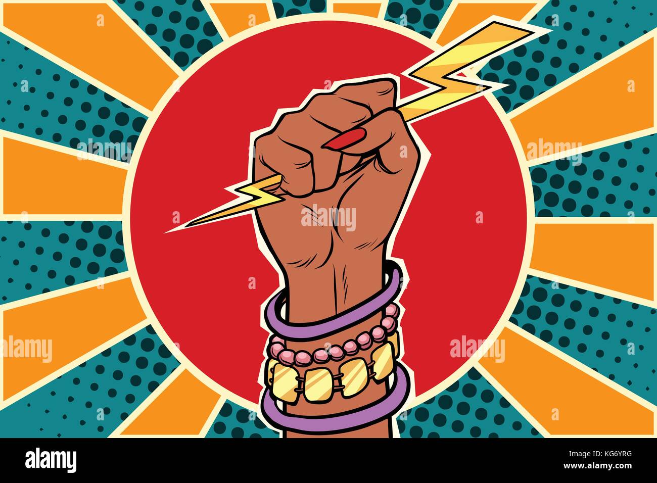 Girl Power Blitz in der Faust. afrikanische Frau. pop art retro Vektor illustration Stock Vektor