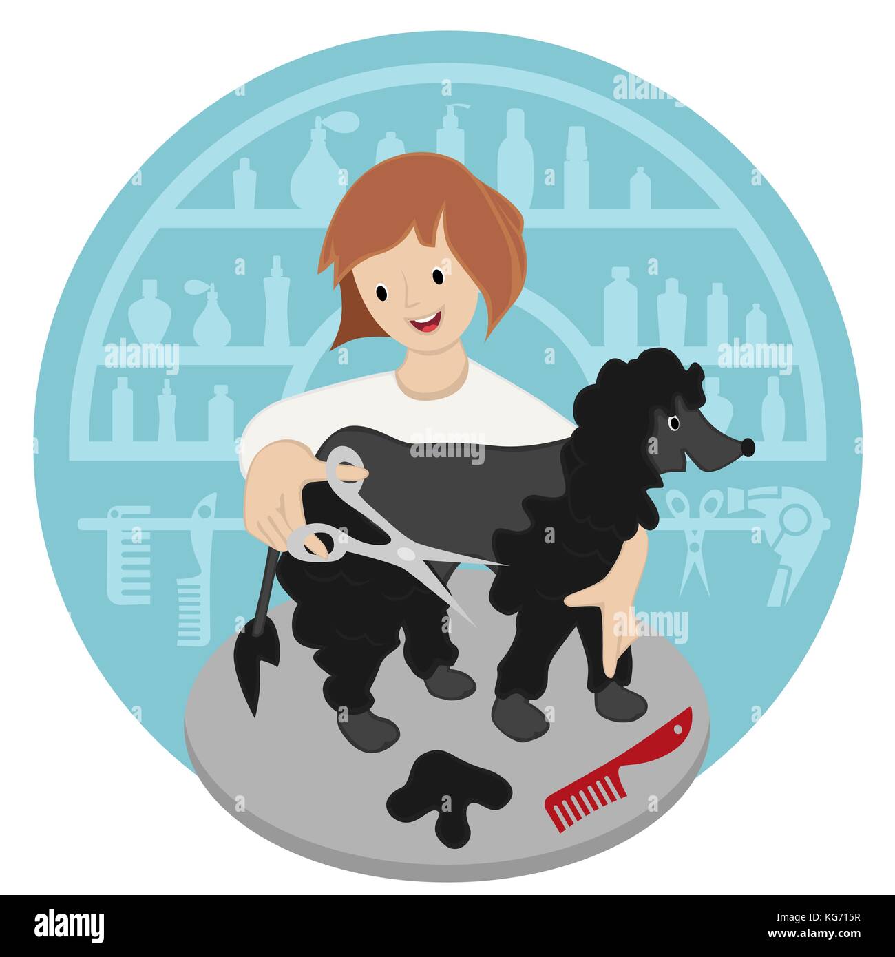 Pet-Friseur Frau mit Hund Vector Illustration Bild Stock Vektor