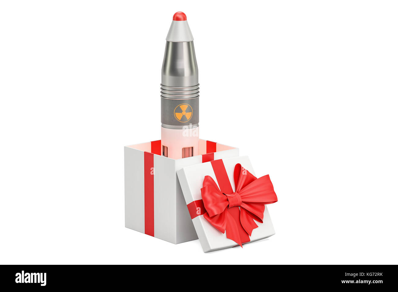 Nukleare Rakete in Geschenkbox. 3D-Rendering auf weißem Hintergrund Stockfoto