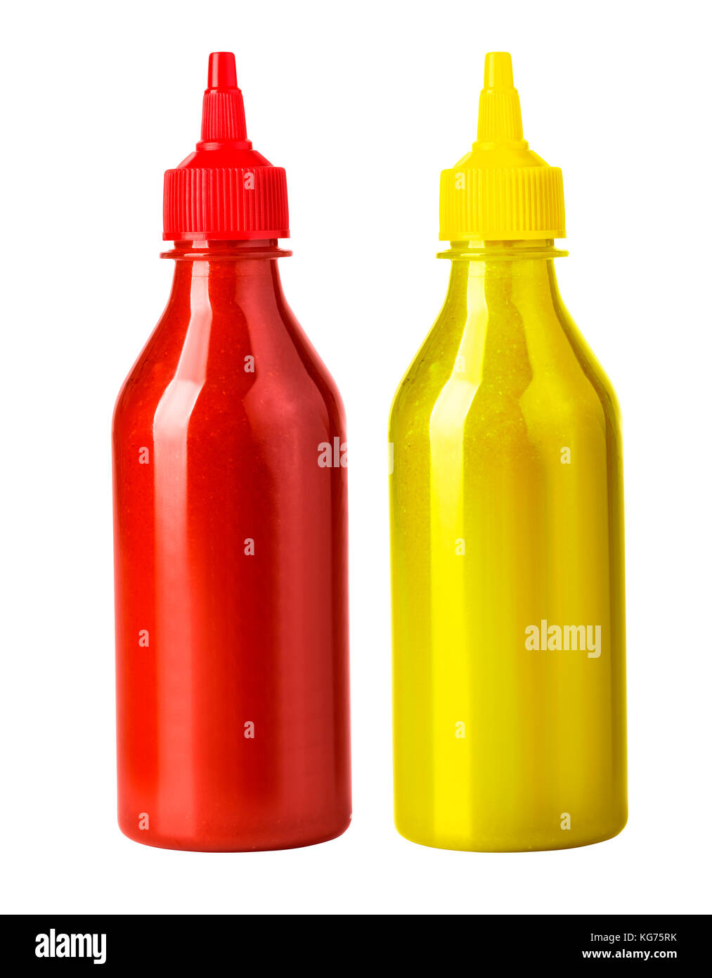 Ketchup und Senf Flasche auf weißem Hintergrund Stockfoto