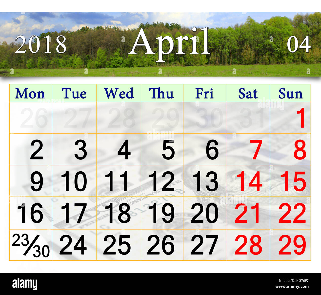 Kalender für April 2018 mit Landschaft aus Wald und Wiese Stockfoto