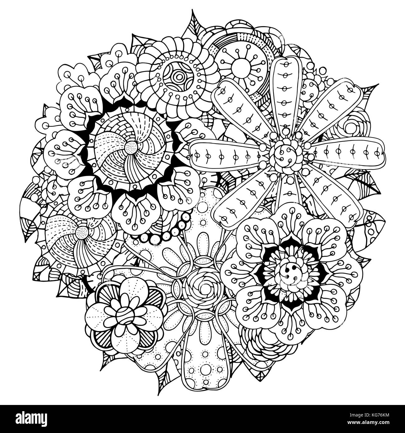Schwarze und weiße Kreis Blume Ornament, dekorative runde Spitze Design. floralen Mandala. Hand gezeichnet Tinte Muster von persönlichen Skizze trace gemacht. Stock Vektor