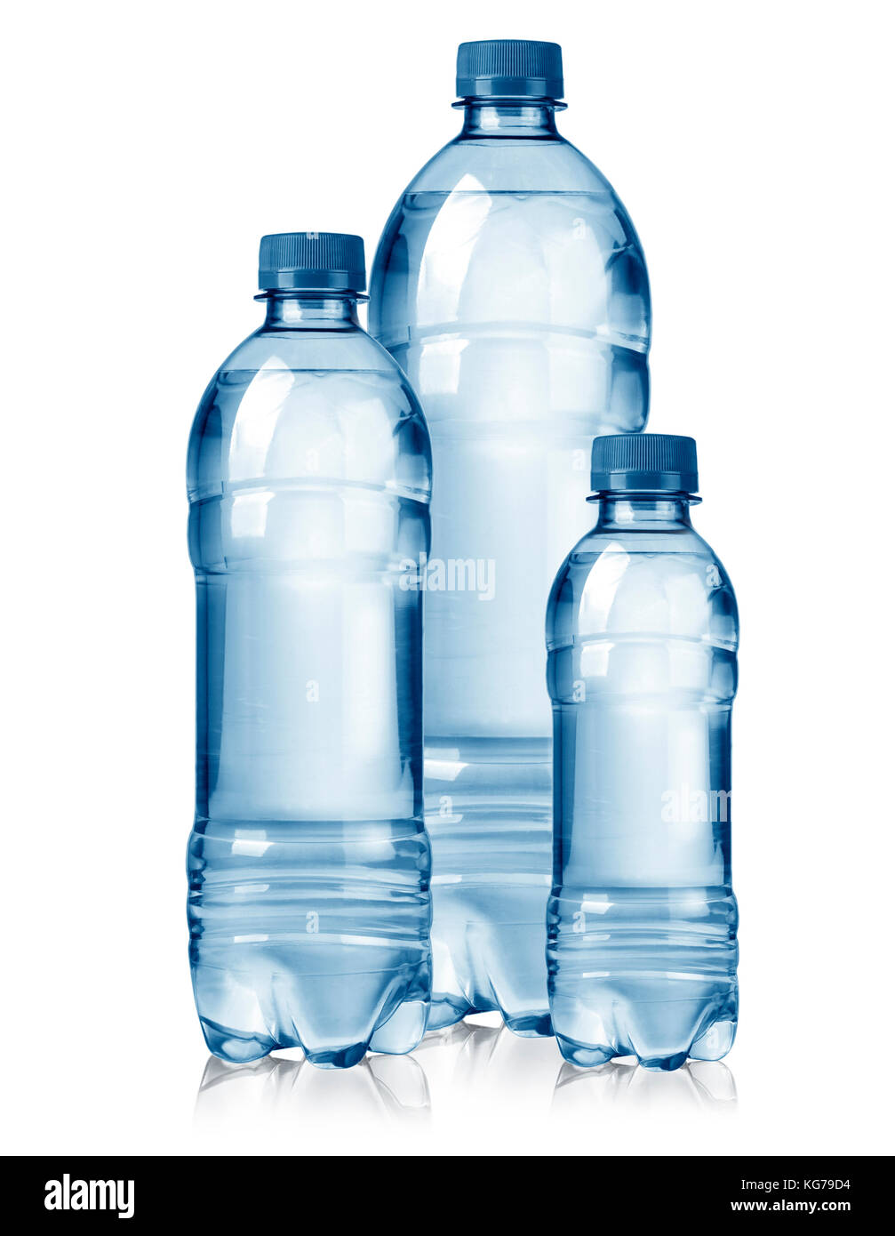 Drei Flaschen Wasser auf weißem Hintergrund Stockfotografie
