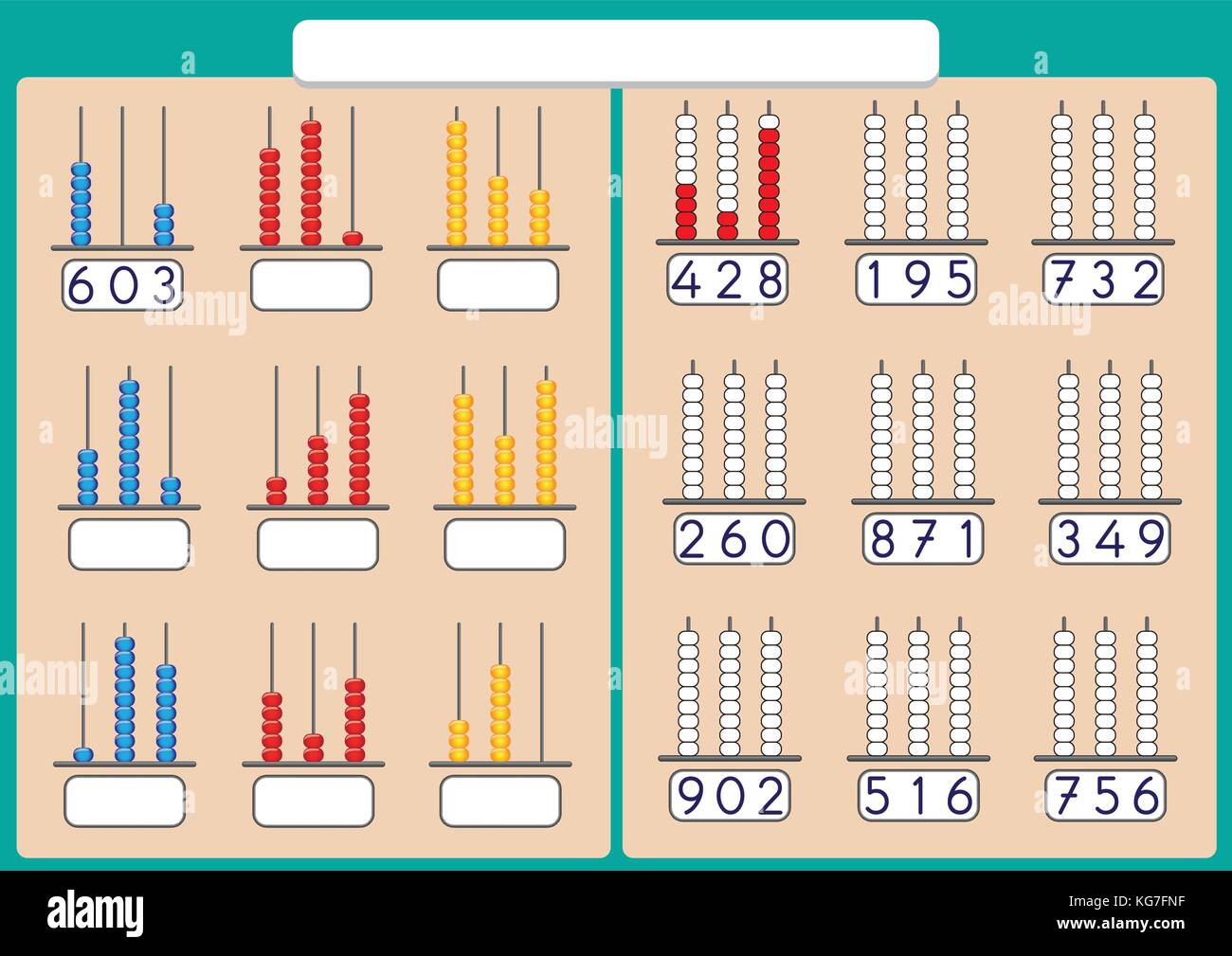 Abacus für die Zahlen bis 999, Mathe Arbeitsblatt für Kinder Stock Vektor