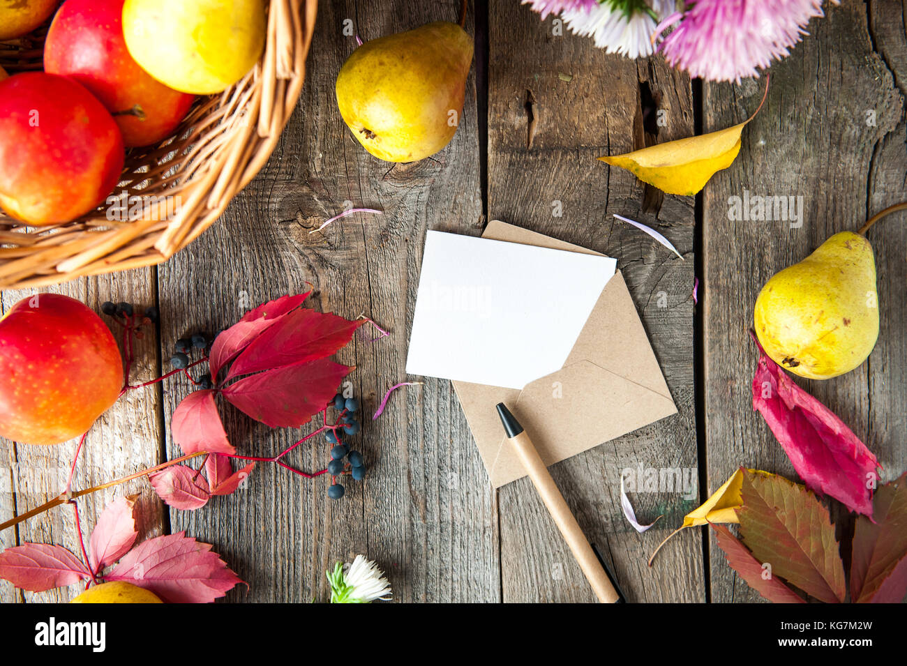 Danksagung Hintergrund mit saisonalen Früchten, Blumen, Grusskarten und Umschlag auf einem rustikalen Holztisch. Herbst Ernte Konzept. Gestaendnis im Fühlen Stockfoto