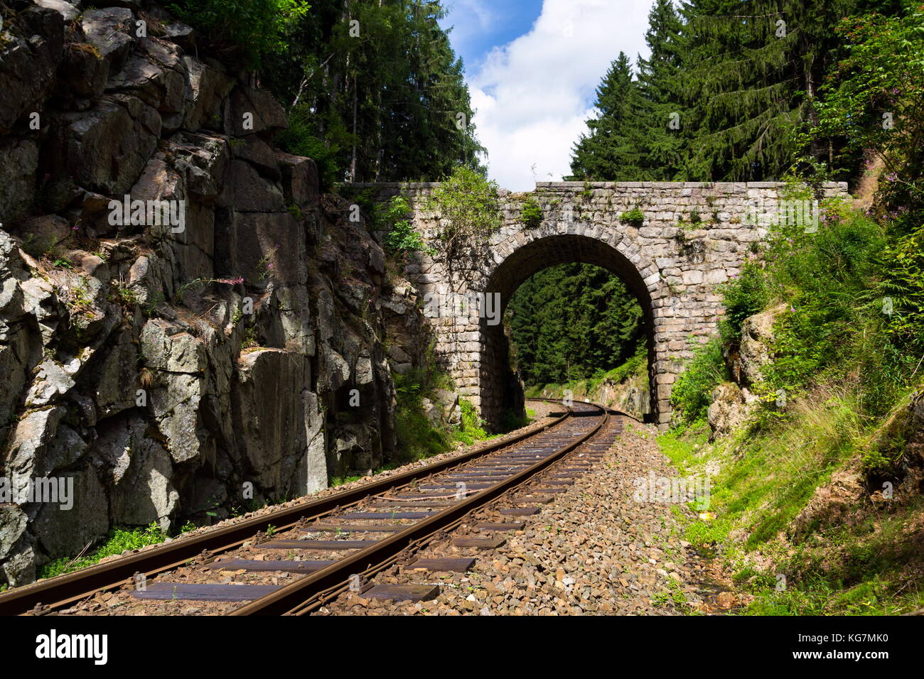 Romantische Steinbrücke über die Eisenbahn im schönen Wald, Tschechische Republik Stockfoto