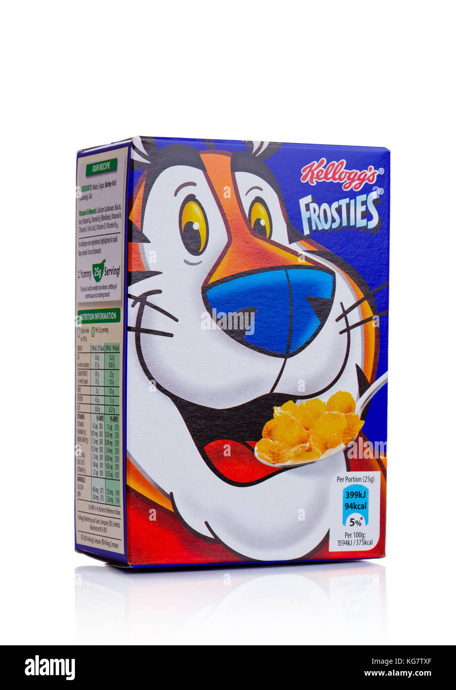 London, UK, November 03, 2017: "Der Kellogg's Frosties Frühstückszerealien auf weißem Hintergrund, frosties sind ein beliebtes Frühstück Müsli von Suga gemacht Stockfoto