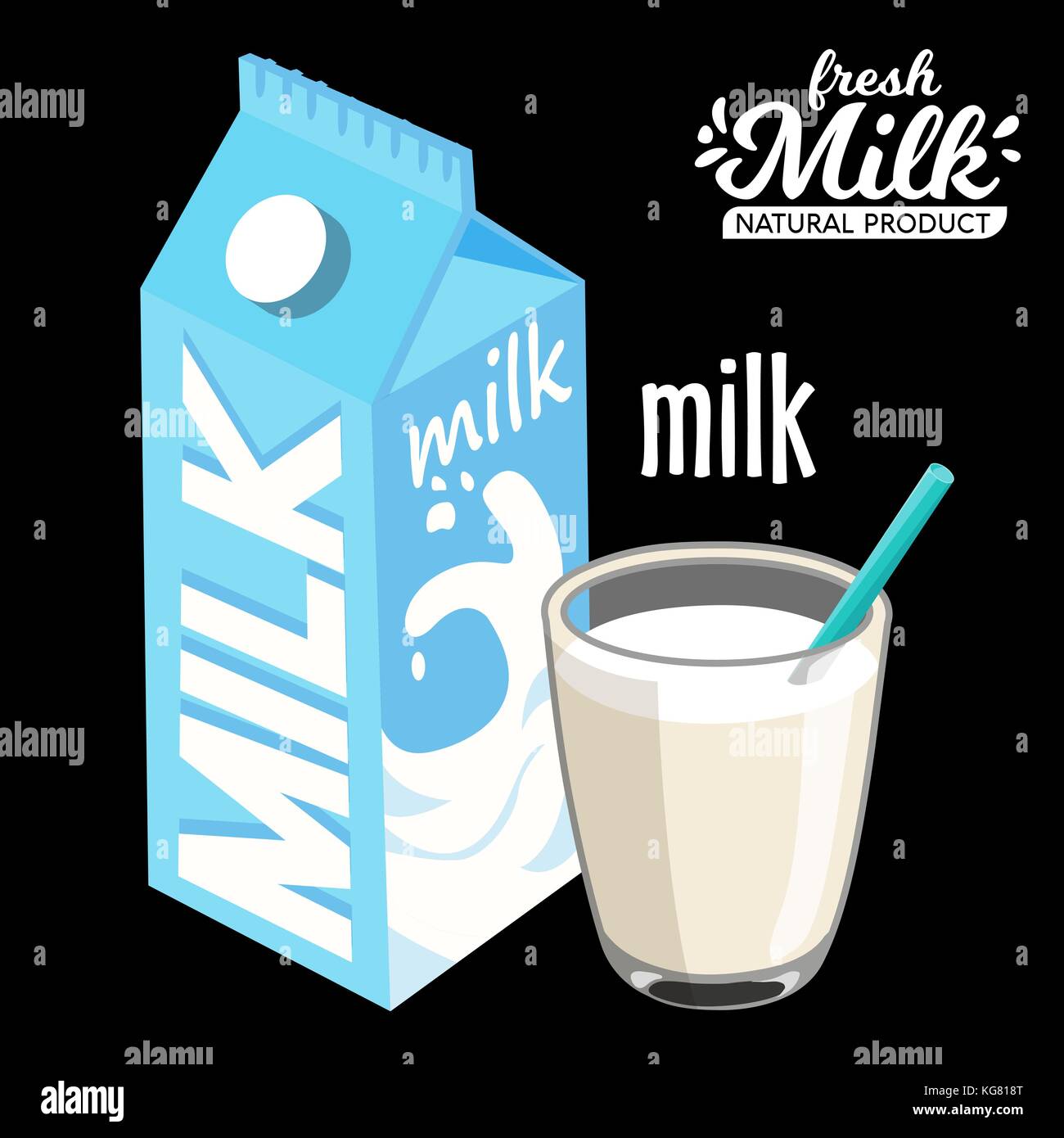 Milch Pack und Glas milkmilk Pack und Glas Milch Symbol flacher Stil. Auf schwarzem Hintergrund isoliert. Vector Illustration Stock Vektor