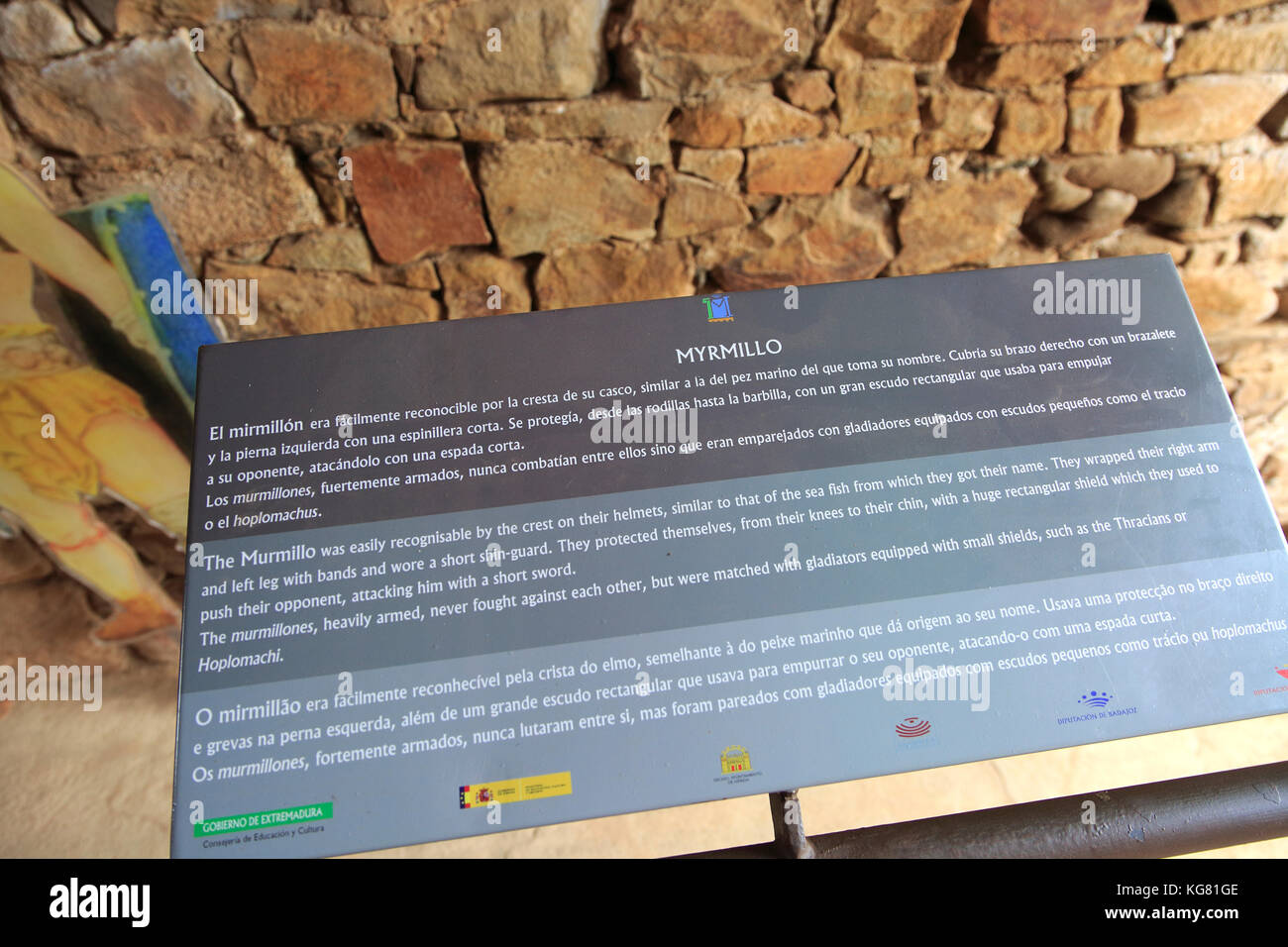 Informationen Panel oder Murmillo gladiator Myrmillo, ca. Romano Hippodrom, Mérida, Extremadura, Spanien Stockfoto