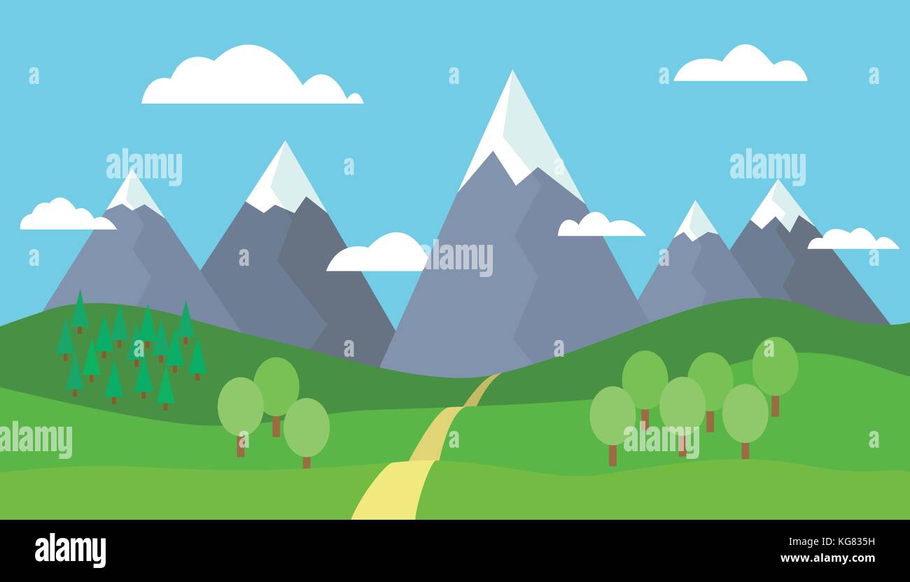 Panoramablick cartoon Berglandschaft mit blauer Himmel, weiße Wolken, Bäume, Schnee auf den Gipfeln, Hügel und durch die Berge - Vector Illustration, Fla Stock Vektor