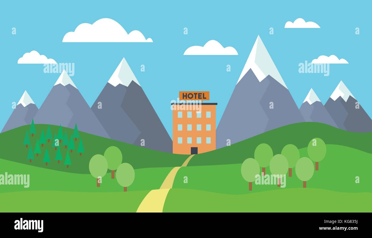 Cartoon Vector Illustration der Berglandschaft mit Bäume, Hügel und den Pfad zum Hotel Gebäude unter blauem Himmel mit Wolken - geeignet für Werbung Stock Vektor