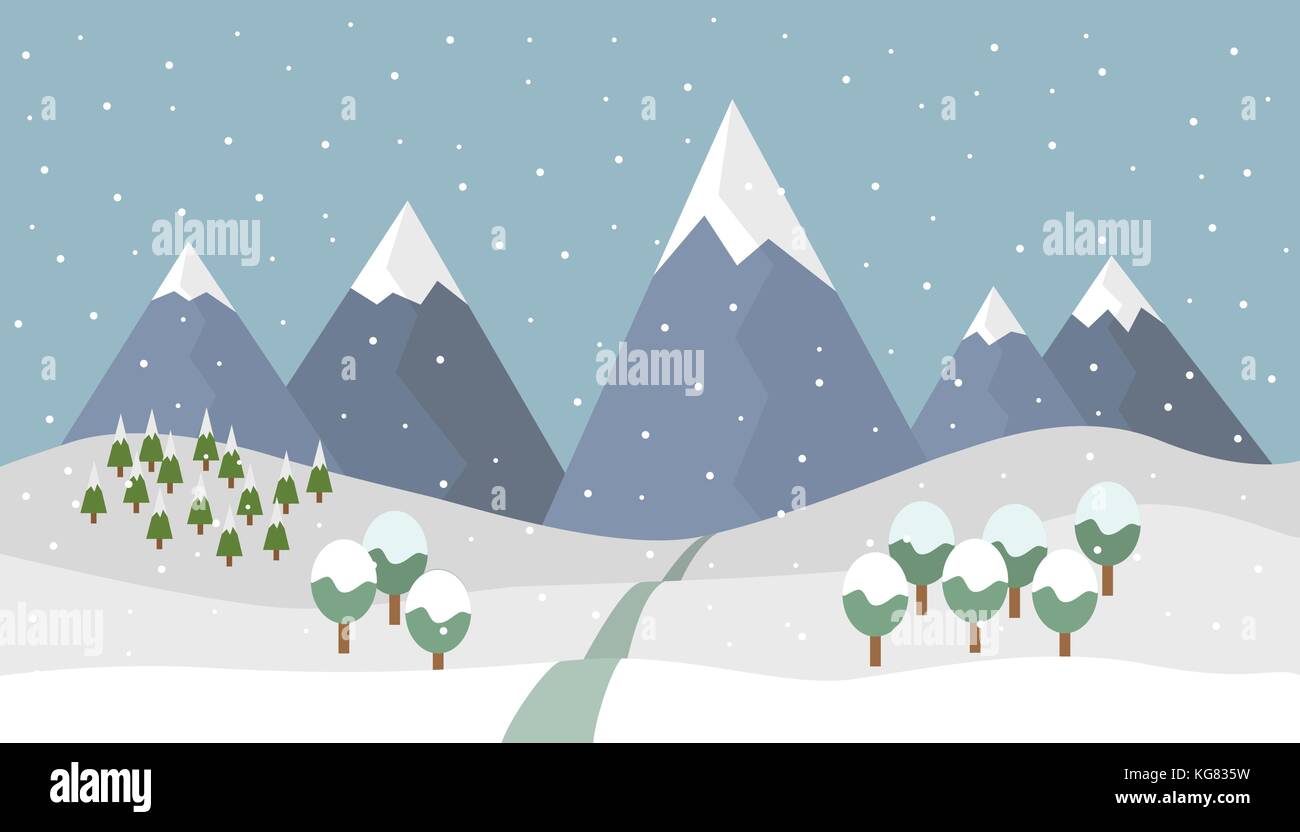 Cartoon verschneite Berglandschaft mit Schnee und Nadel- und Laubbäume und Straße in die Berge mit Schnee bedeckten Gipfeln unter den Grau Stock Vektor