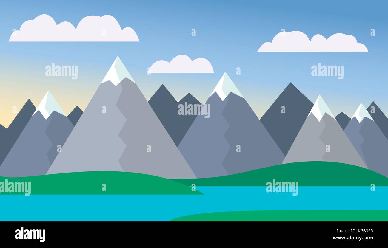 Berg cartoon Landschaft mit grünen Hügeln und Bergen mit Gipfeln unter Schnee, mit See oder Fluss vor Bergen unter blauen Himmel mit Wolken w Stock Vektor