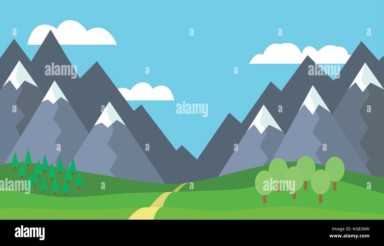 Panoramablick cartoon Berglandschaft mit blauem Himmel und weißen Wolken, Bäume, Schnee auf den Gipfeln, Hügel und durch die Berge - Vector Illustration, Stock Vektor