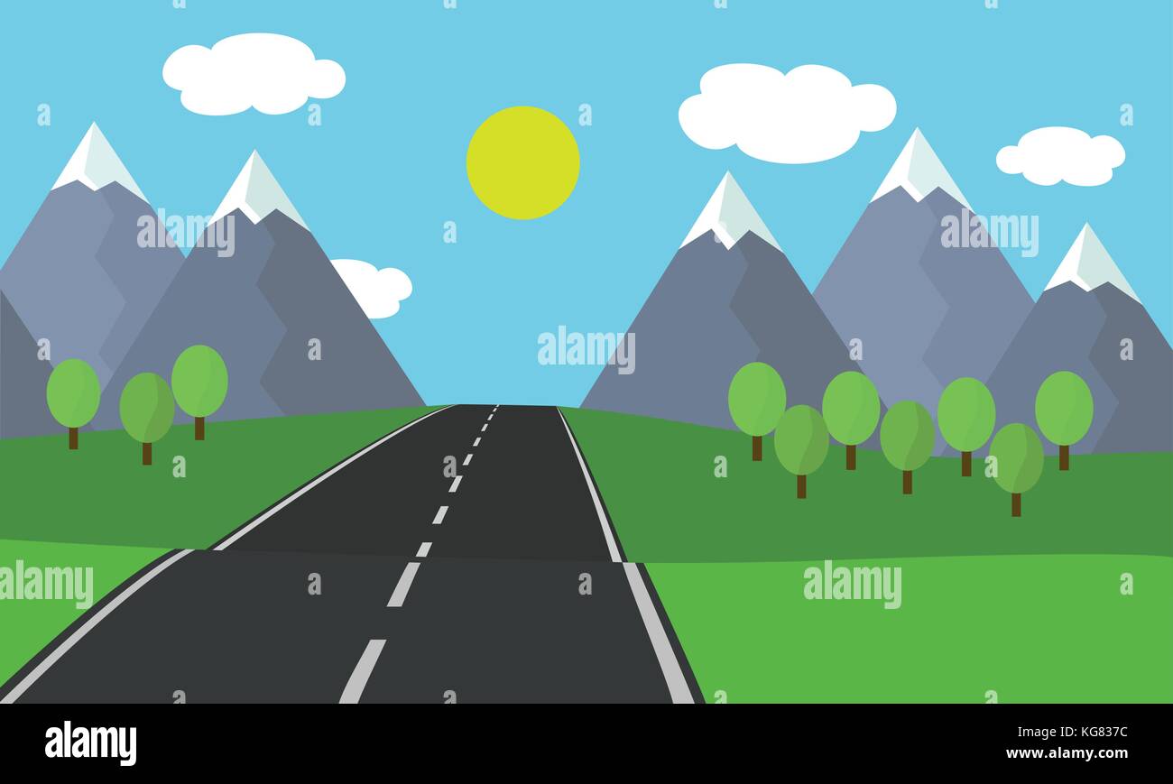 Cartoon flache Design Illustration der asphaltierten Straße, die Landschaft mit Gras und Bäumen in den Bergen mit Schnee unter blauem Himmel mit Wolken und s Stock Vektor