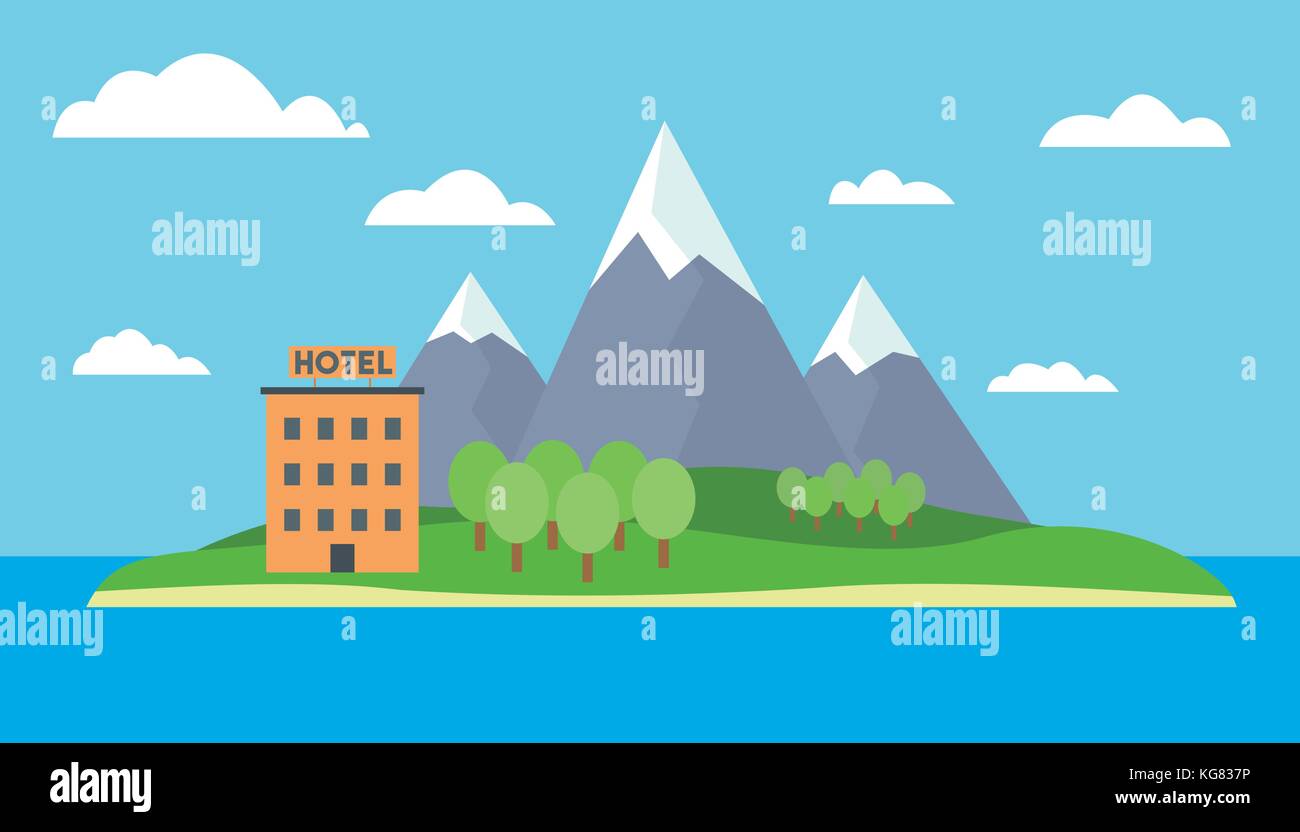 Cartoon bunte Vektor Abbildung: eine Insel im Meer, Berge und Hügel, Wald und direkt am Sandstrand unter blauem Himmel mit Wolken Stock Vektor