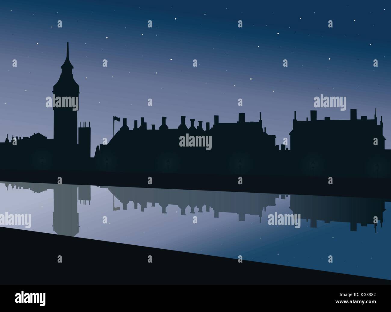 Blick auf die Ufer der Themse Big Ben und das Parlament im Palast von Westminster in London in die nachttischlampen unter dem blauen Himmel scheint mit t Stock Vektor
