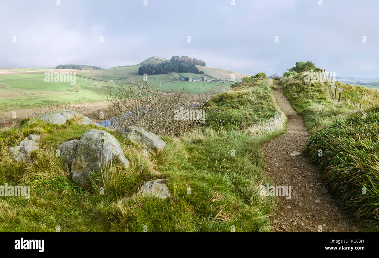 Blick vom Felsen und schälen Crag Lough entlang der Hadrianswall Fußweg auf einem herbstmorgen in der Nähe von Hexham, Northumberland, Großbritannien. Stockfoto