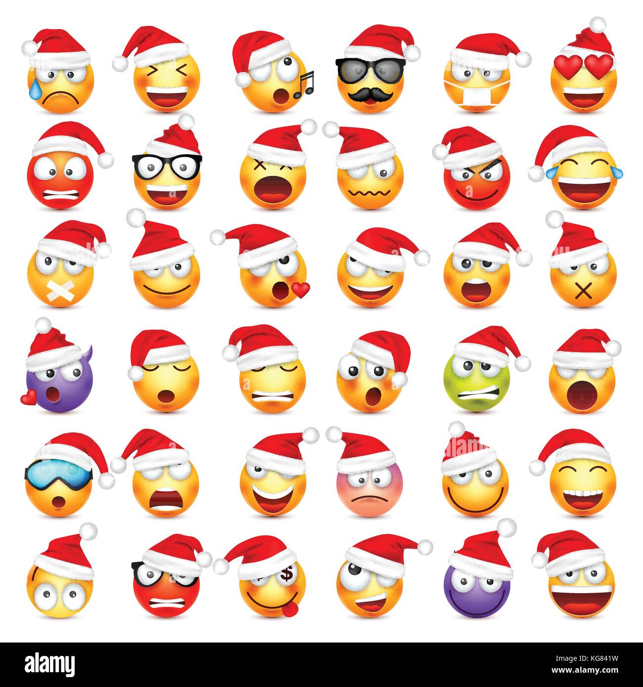 Smileys, Emoticons. gelbes Gesicht mit Emotionen und Weihnachten hat. Neues Jahr, Santa. Winter emoji. Traurig, glücklich, wütend Gesichter. lustige Cartoon Charakter. Stimmung. Vektor. Stock Vektor