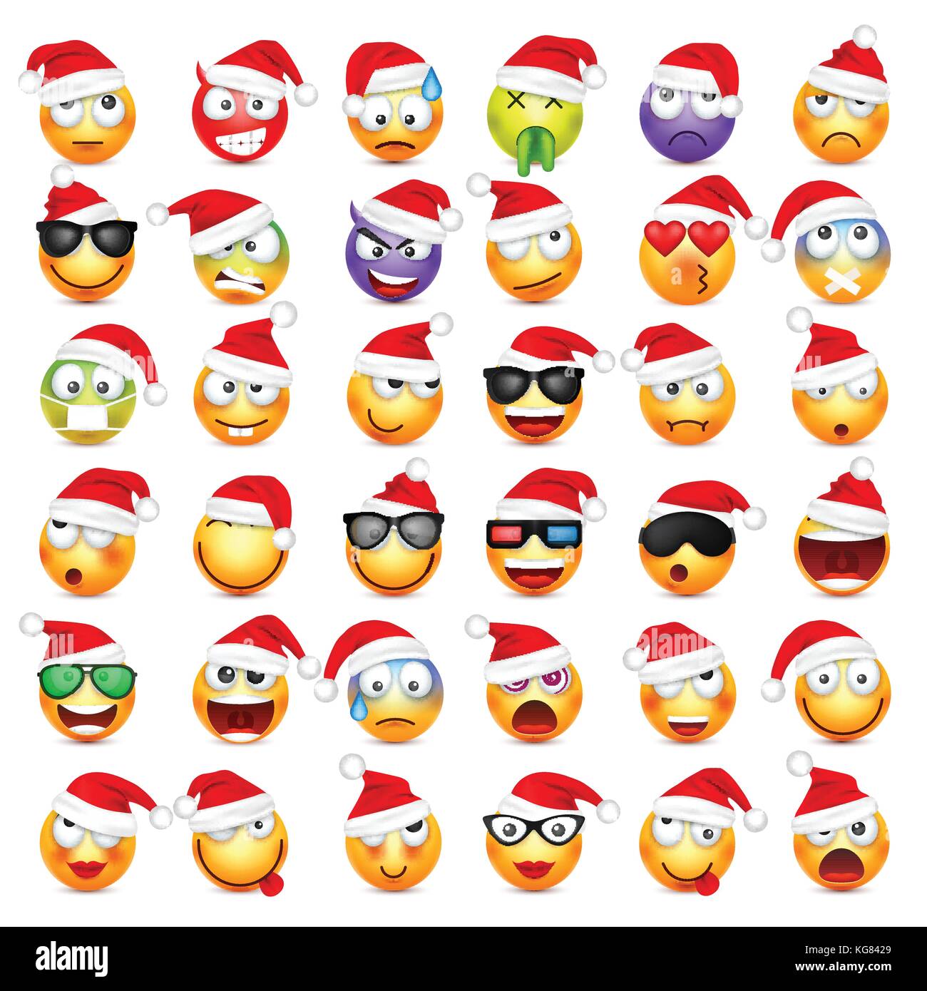 Smileys, Emoticons. gelbes Gesicht mit Emotionen und Weihnachten hat. Neues Jahr, Santa. Winter emoji. Traurig, glücklich, wütend Gesichter. lustige Cartoon Charakter. Stimmung. Vektor. Stock Vektor