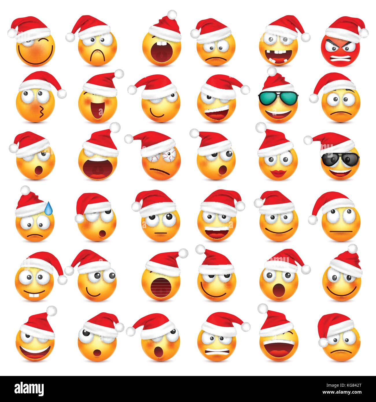 Smileys, Emoticons. gelbes Gesicht mit Emotionen und Weihnachten hat. Neues Jahr, Santa. Winter emoji. Traurig, glücklich, wütend Gesichter. lustige Cartoon Charakter. Stimmung. Vektor. Stock Vektor