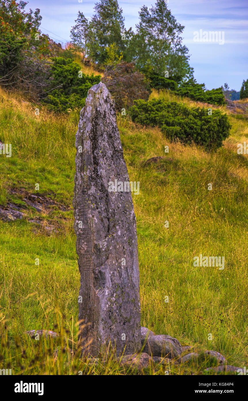 Der Hoga rune Stone (Hogastenen) auf Orust, Bohuslän County, Schweden. Stockfoto