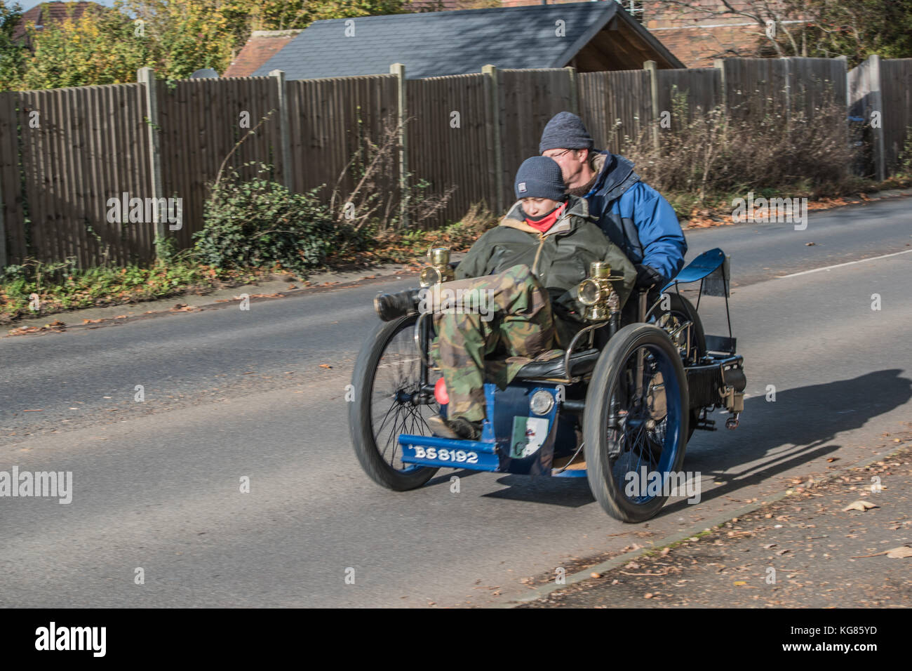 Eine alte Vintage motorisierten Dreirad auf der Rallye London-Brighton 5 Nov 2017 Stockfoto