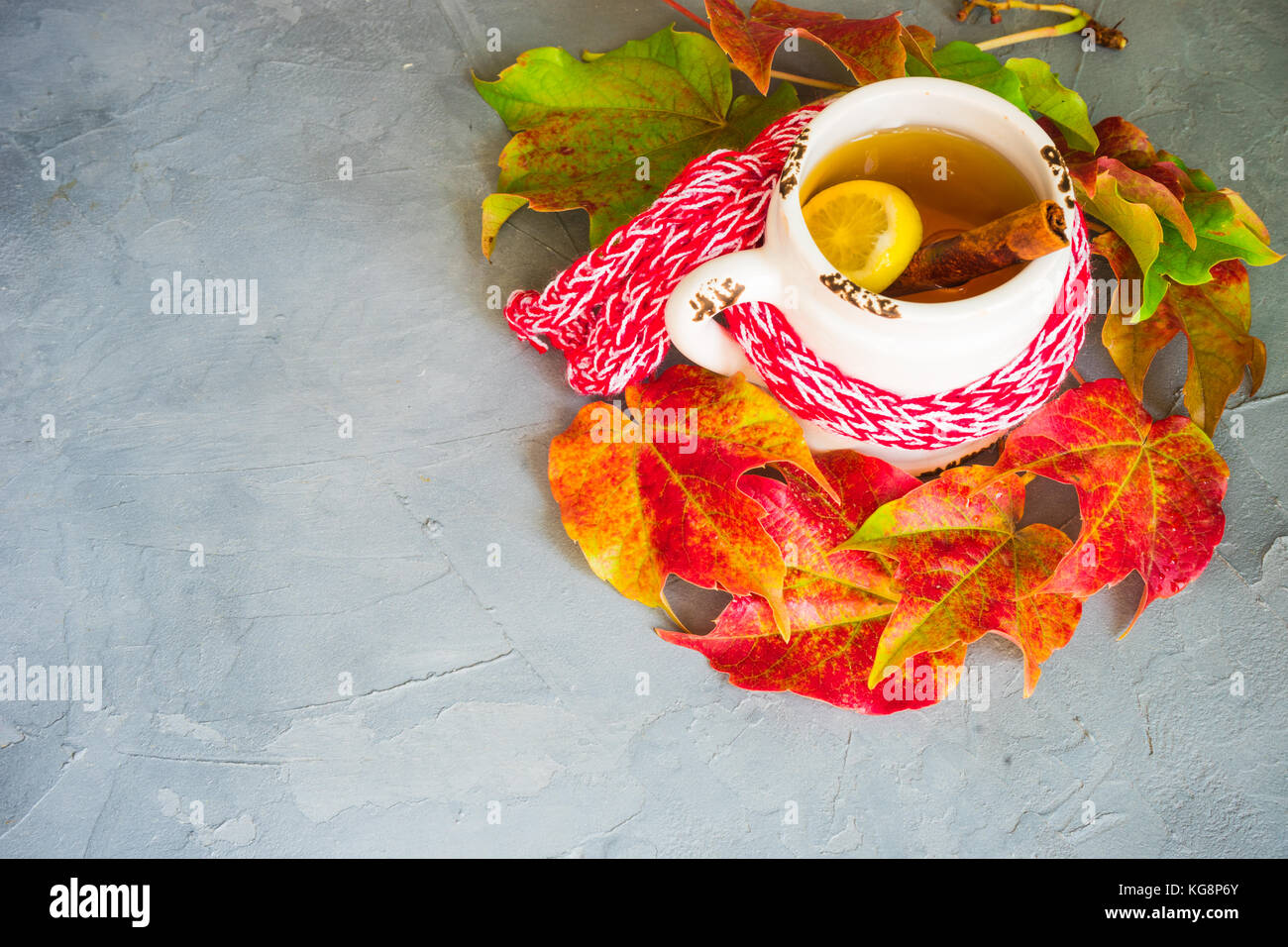 Tasse Tee mit Zitrone und Strickschal auf rustikalen Hintergrund voller Herbstliche Blätter mit Copyspace Stockfoto