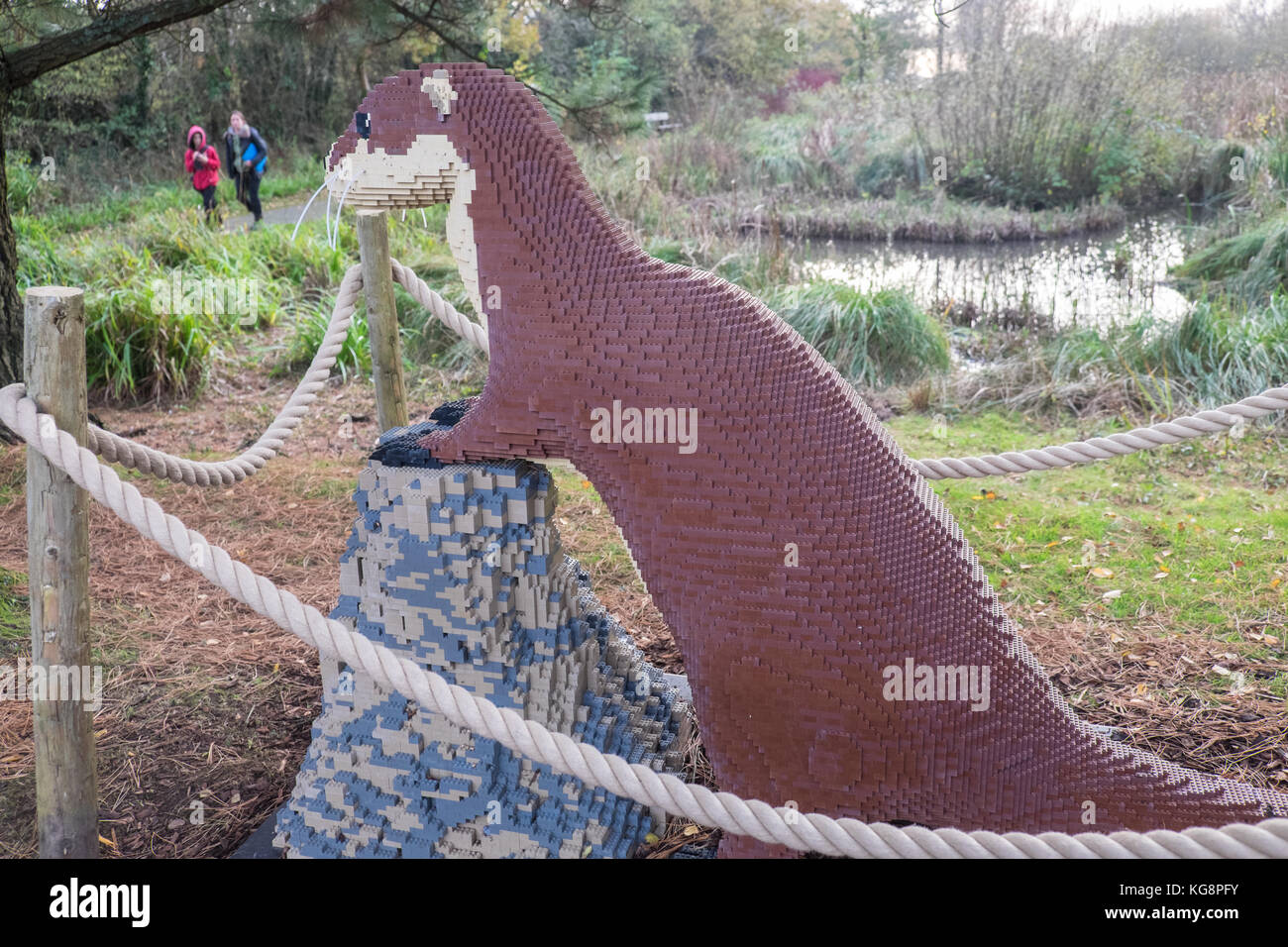 Lottie Fischotter, 15.500 Lego, Lego, Ziegel, Ziegel, Tier trail, in Llanelli, Feuchtgebiete, Center, WWT, Carmarthenshire, Wales, Welsh, Großbritannien, Großbritannien, Europa, Stockfoto