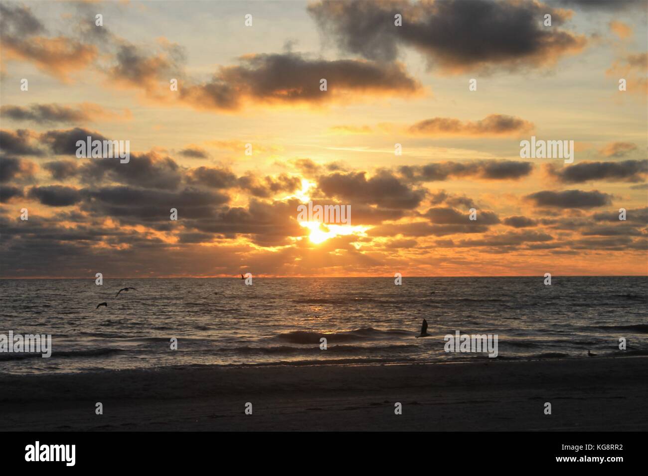 Blick auf den Sonnenuntergang über dem Golf von Mexiko, vom Strand von Treasure Island, Florida, USA Stockfoto