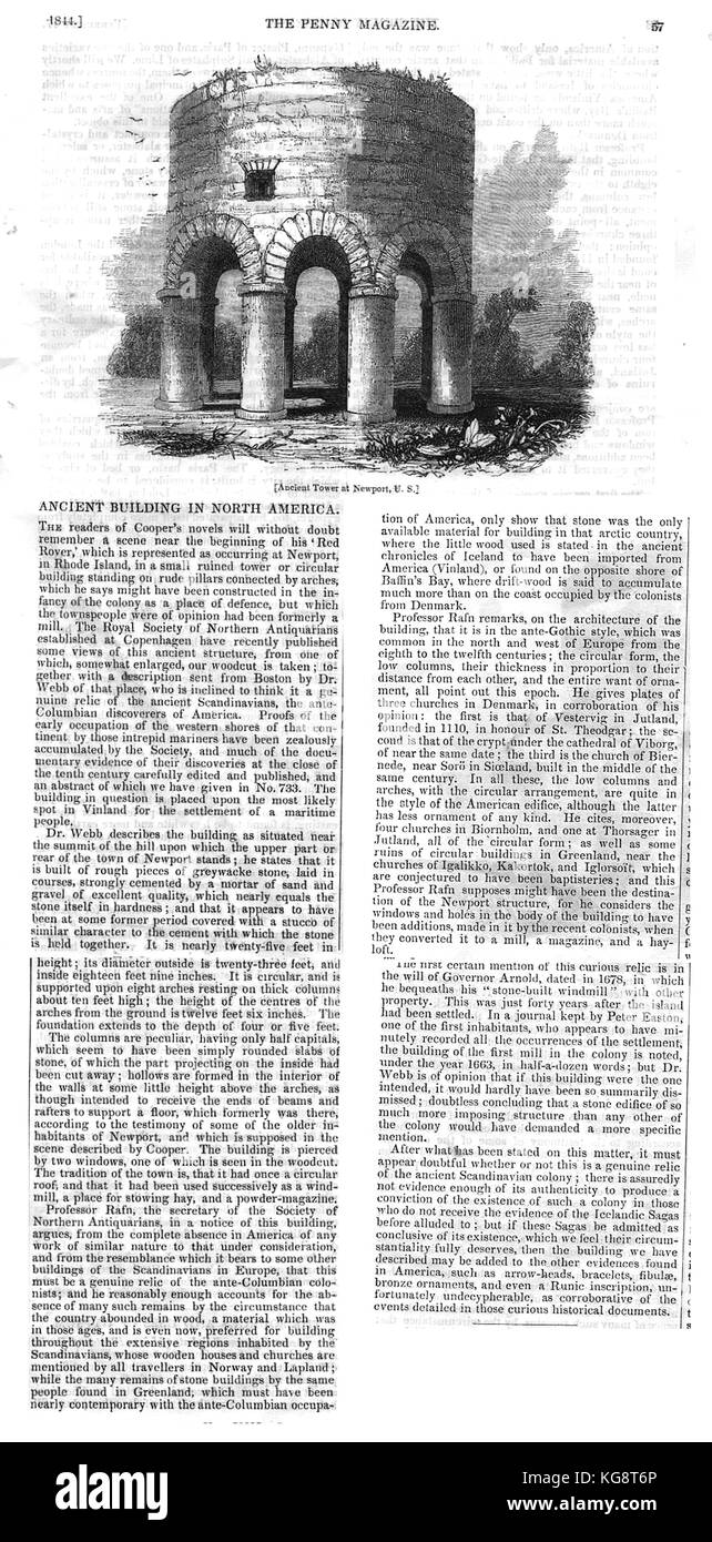 Tempelritter - Ein Artikel aus der Zeitschrift "Penny" 1844 mit einem alten Windmühle - wie base Struktur am Newport Rhode Island USA, einige glauben durch die Tempelritter gebaut worden zu sein Stockfoto