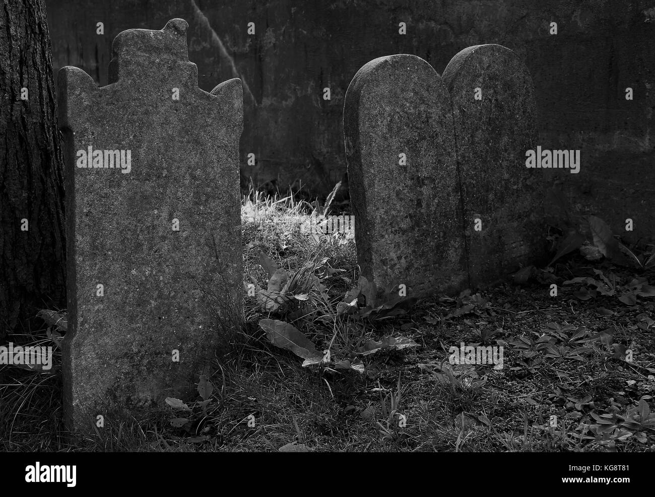 Alt, abgenutzt und verwitterte Grabsteine in der Ecke des Friedhofs. Allgemeine protestantischen Friedhof, St. John's, Neufundland und Labrador, Kanada. Stockfoto