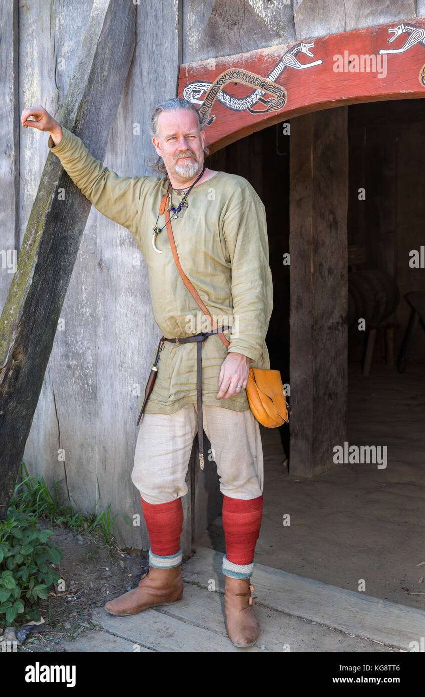 Ein Mann gekleidet wie ein Wikinger, Ribe, Dänemark Stockfoto
