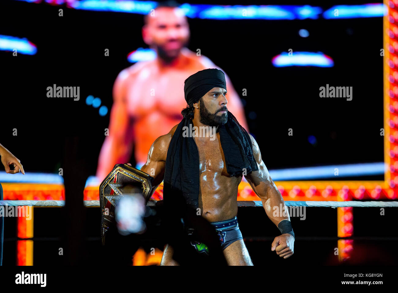 BARCELONA-NOV 4: The Wrestler Jinder Mahal in Aktion bei WWE Live auf der Palau Sant Jordi am 4. November 2017 in Barcelona, Spanien. Stockfoto