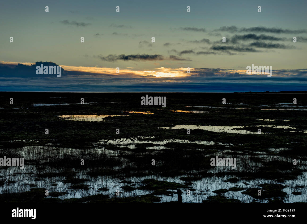 Sonnenuntergang über Island Landschaft mit grünen Moos während der Goldenen Stunde Stockfoto