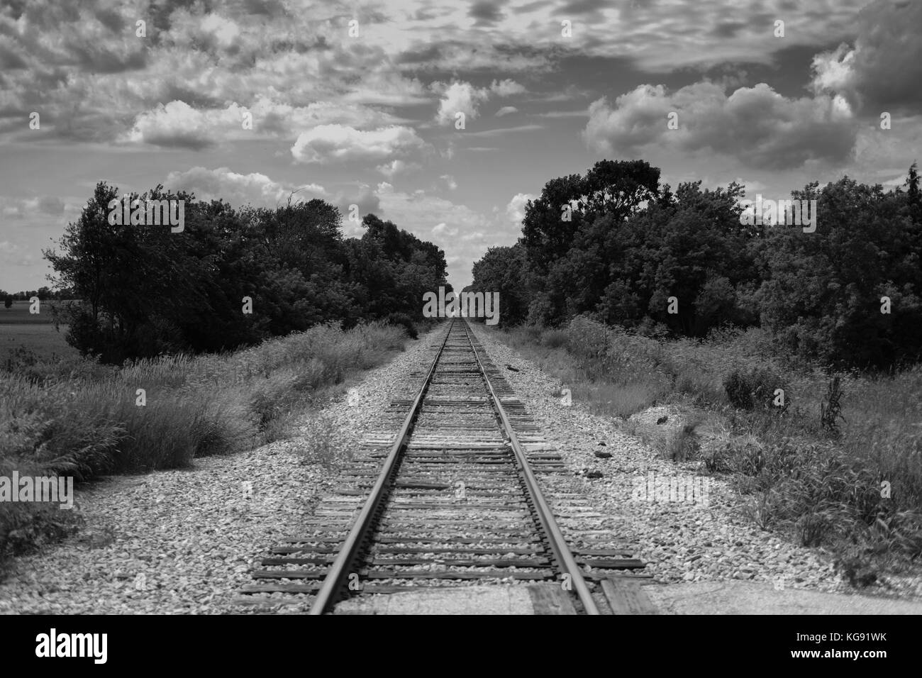 Eisenbahngleise im ländlichen Wisconsin, die direkt in die Ferne führen Stockfoto