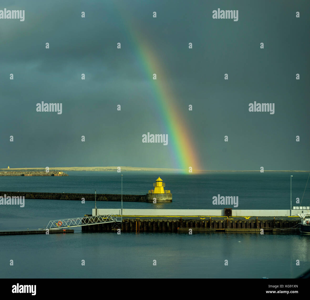 Rainbow mit Vogel in Island mit Wolken Himmel Stockfoto