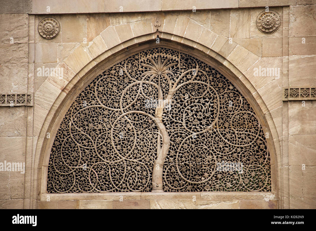 Carving Details an der Außenwand des Sidi sayeed Ki jaali (Moschee), im Jahre 1573, Ahmedabad, Gujarat, Indien Stockfoto