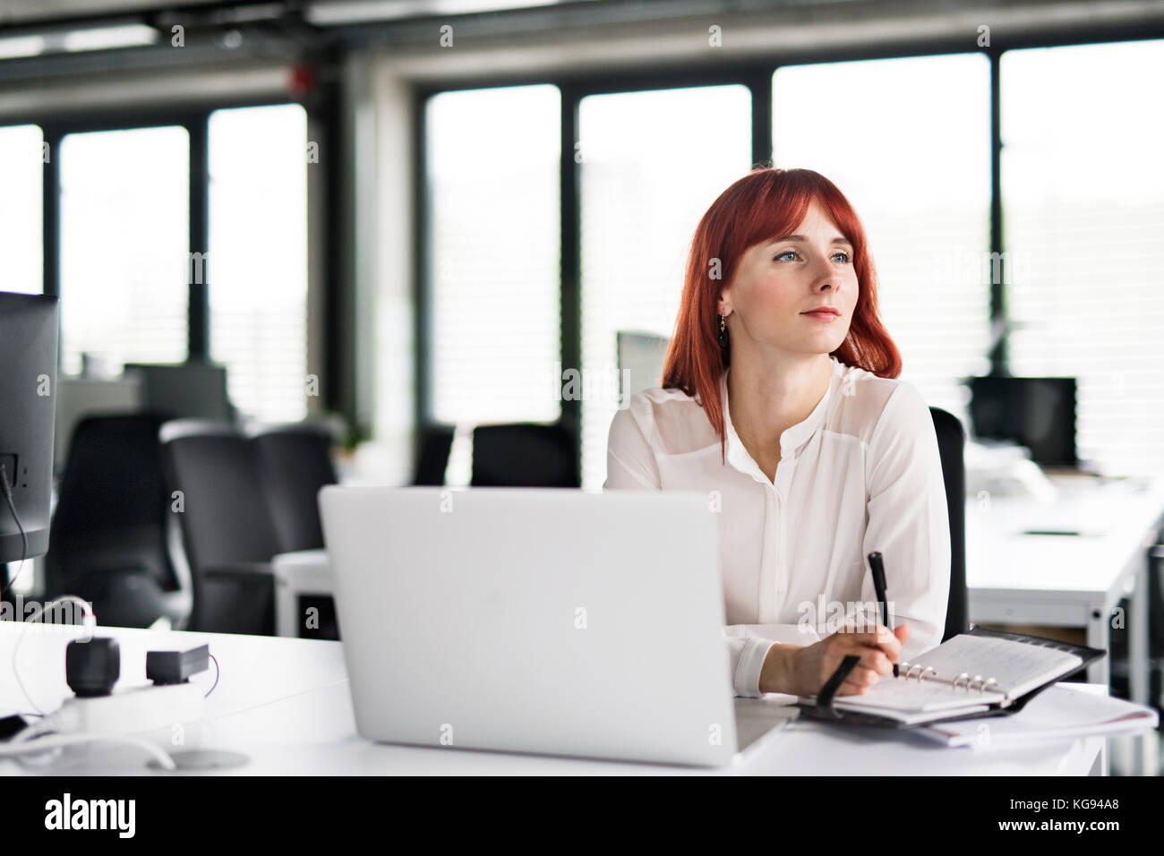 Geschäftsfrau mit Computer in Ihrem Büro am Schreibtisch arbeiten. Stockfoto