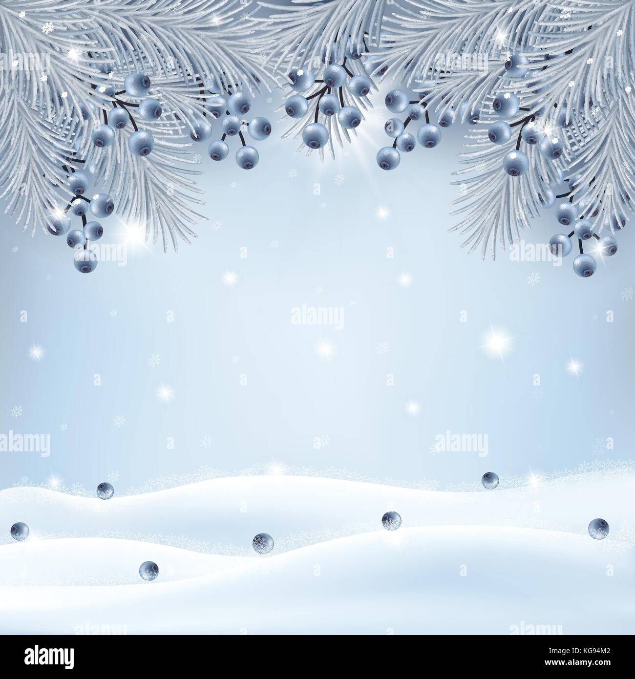 Weihnachten Hintergrund mit silberner Farbe tannenzweigen, blueberry Dekoration und funkelnde Schneefall. Vector Illustration. Stock Vektor