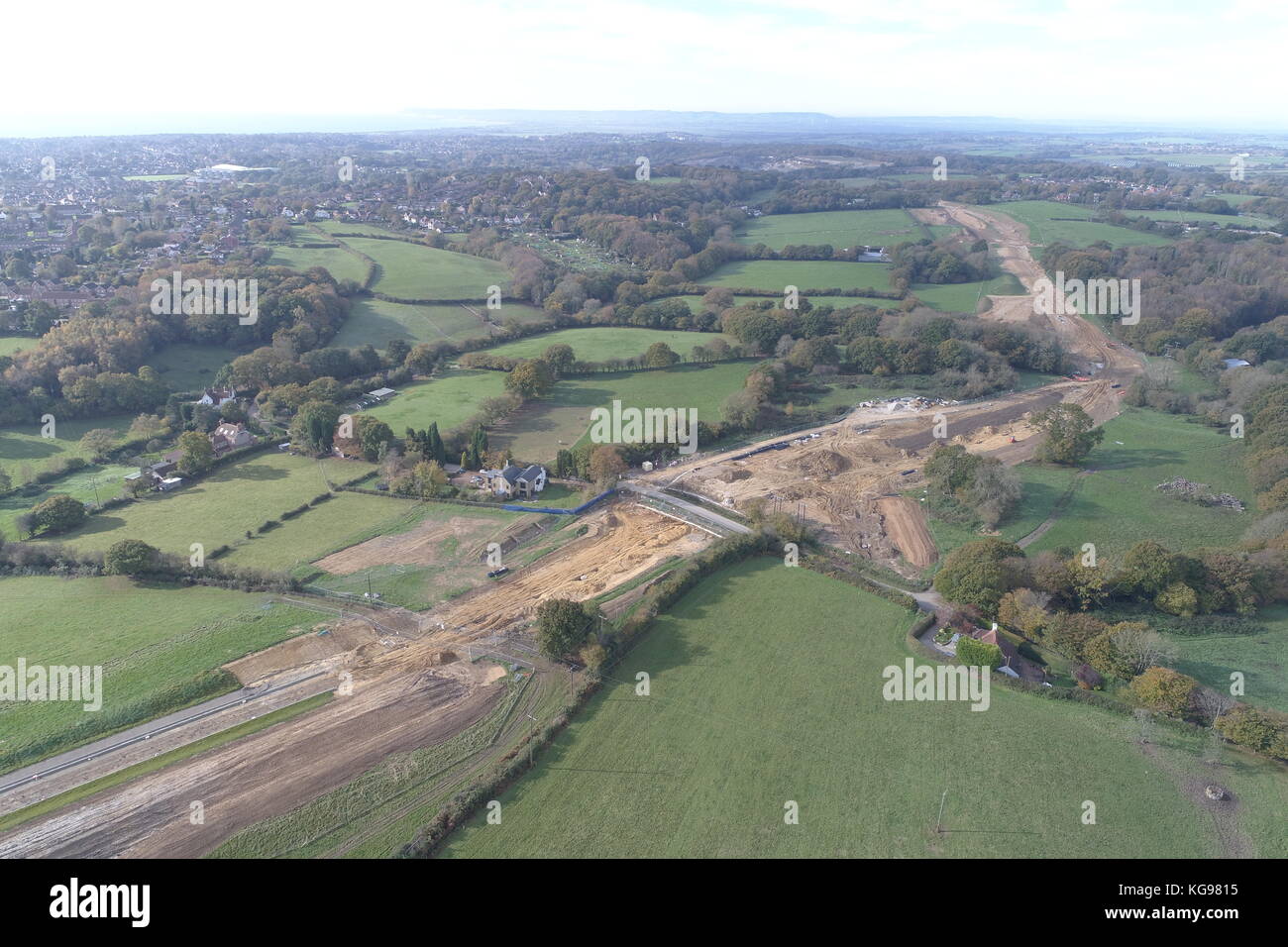 Luftaufnahme von Straßenbau und Tiefbau Projekt in East Sussex Stockfoto