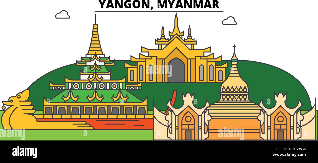 Yangon, Myanmar umreißen Skyline, Burma flache dünne Linie Symbole, Wahrzeichen, Illustrationen. Yangon, Myanmar Stadtbild, burmesische Vektor Reise Stadt Banner. Urbane Silhouette Stock Vektor